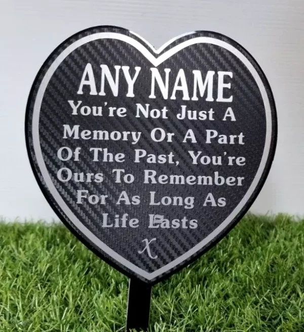 Personalised heart-shaped memorial plaque for grave with engraved message