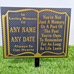 Personalised Prayer Book Memorial Plaque engraved with name and dates for graveside tribute