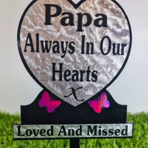 emorial plaque with light-refractive purple butterflies for a papa tribute