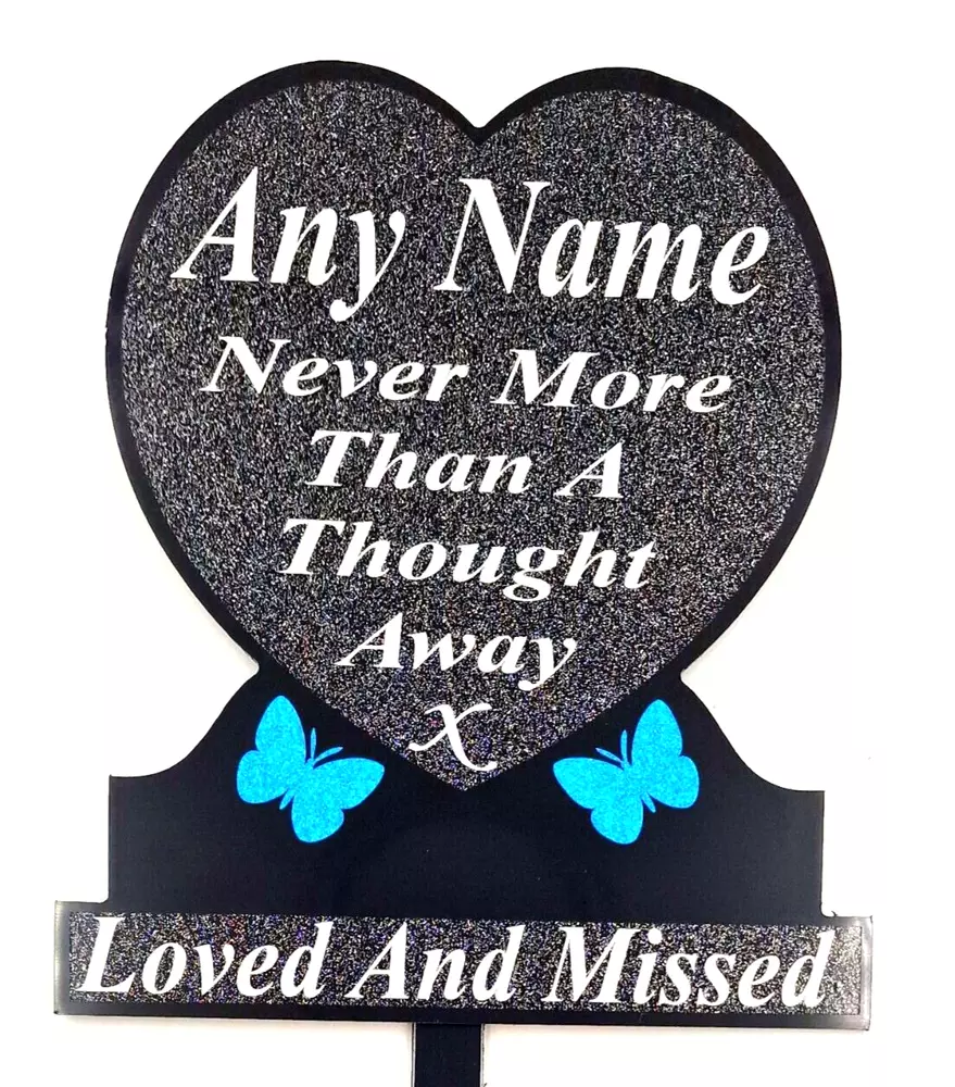 Personalised Memorial Plaque Grave Heart Graveside Decoration Blue Butterflies