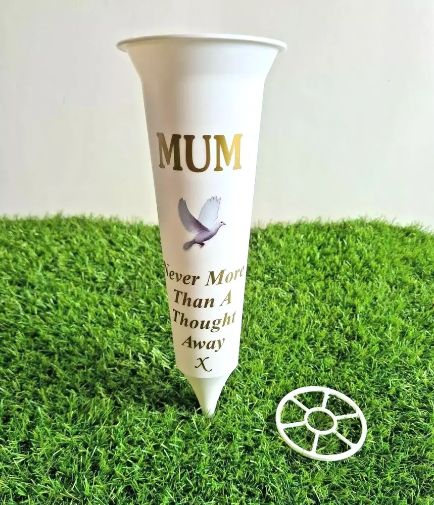 MUM White Memorial Flower Vase Grave Spike Marker, Graveside Decoration