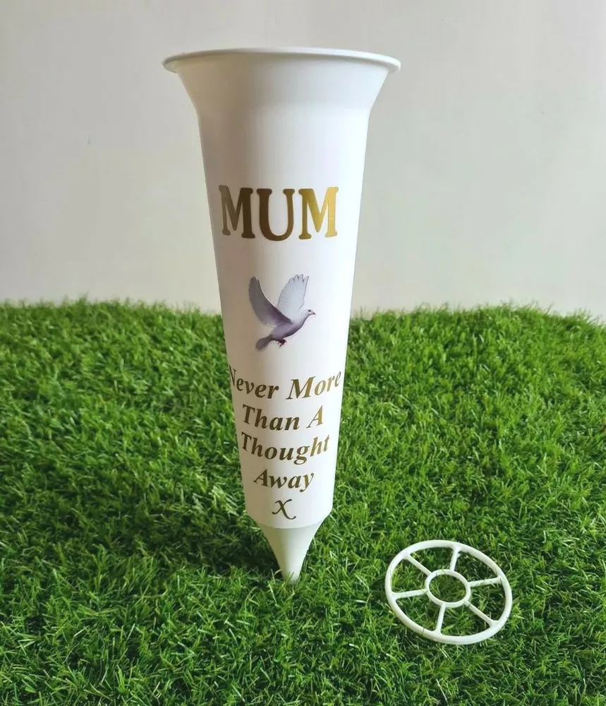 Mum White Memorial Flower Vase Grave Spike with Dove Graveyard Decoration