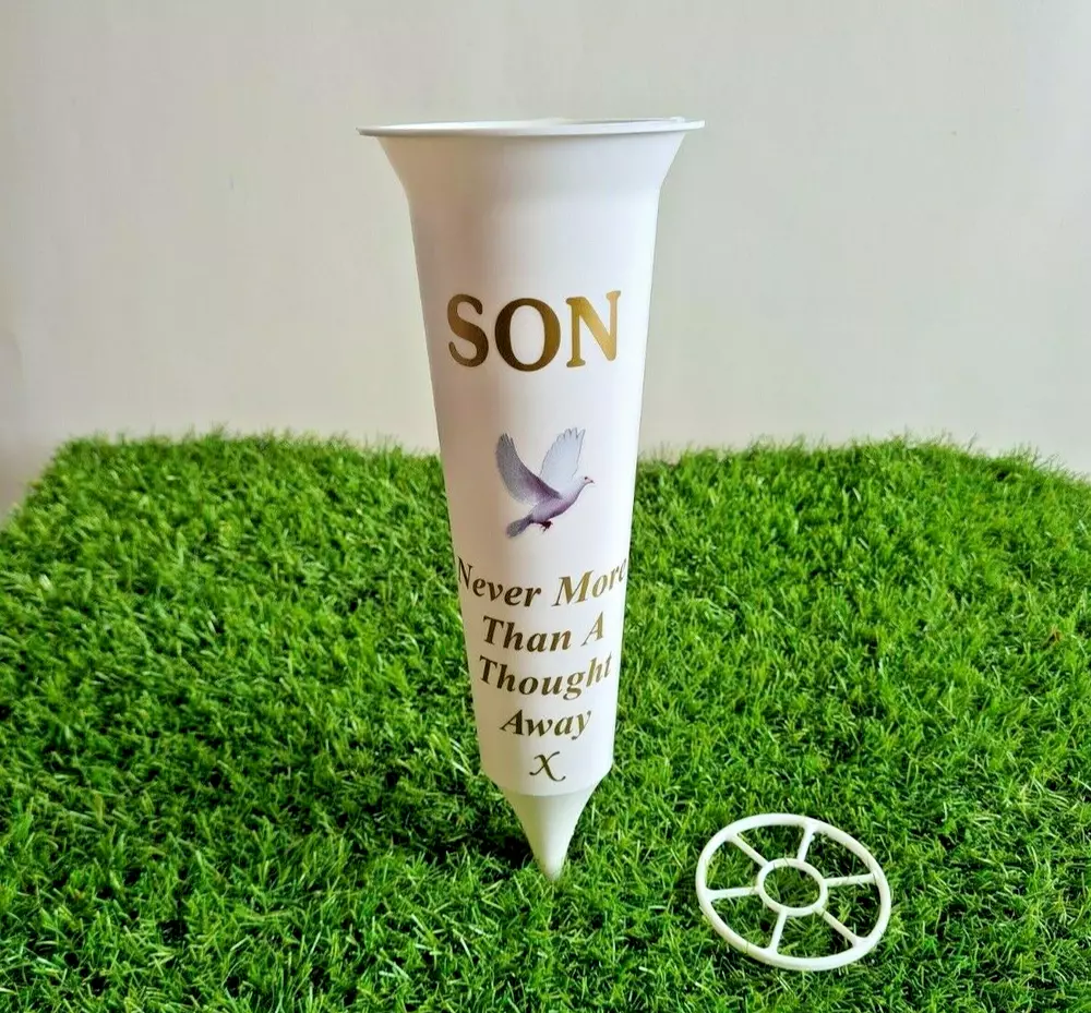 Son White Memorial Gift Flower Vase Grave Spike with Dove Graveside Decoration