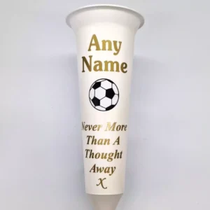 Personalised White Memorial Gift Flower Vase Grave with Football Gold Text