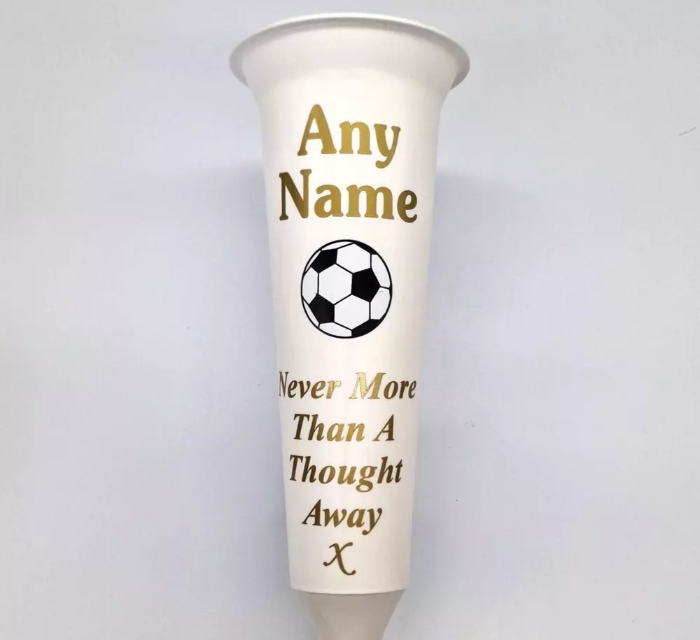 Personalised White Memorial Gift Flower Vase Grave with Football Gold Text