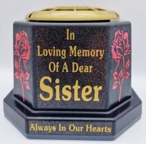 Sister Graveside Flower Vase Pot Memorial Gift Tribute Gold Writing with Roses