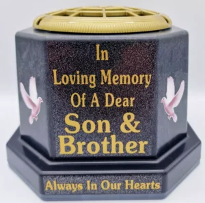 Son & Brother Graveside Flower Pot Vase Memorial Gift, Gold Writing with Doves