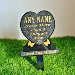 Personalised gold heart shaped memorial plaque for grave