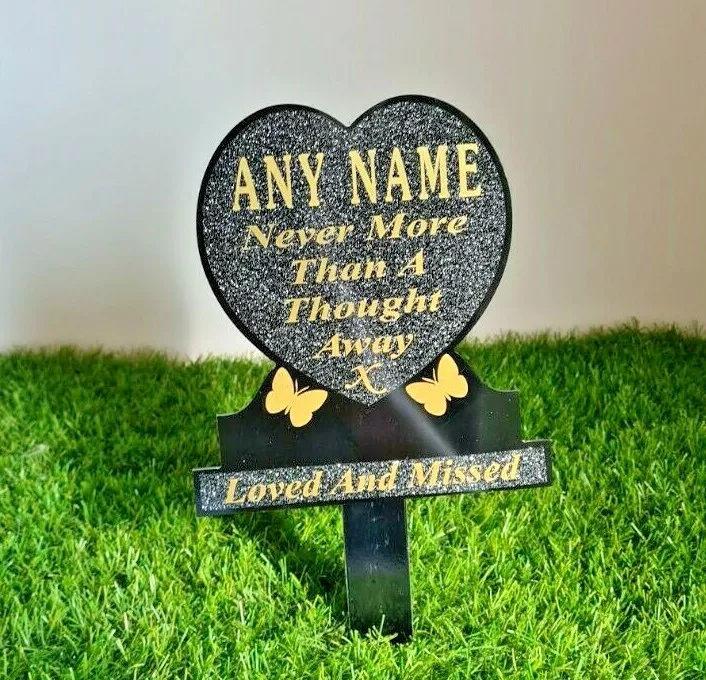 Personalised gold heart shaped memorial plaque for grave