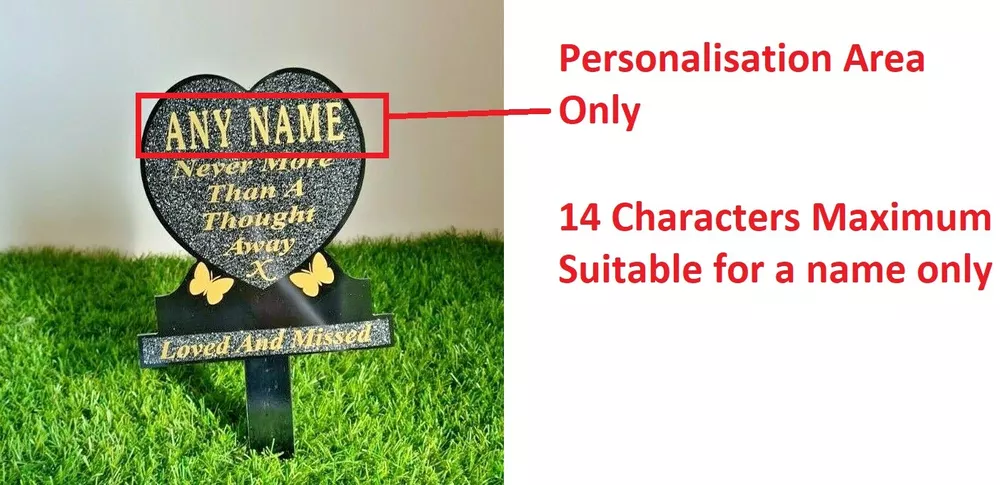 Personalisation guide showing the name area on a memorial heart plaque, with a maximum of 14 characters for a name only.