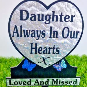 Daughter heart-shaped memorial plaque with blue sparkle butterfly