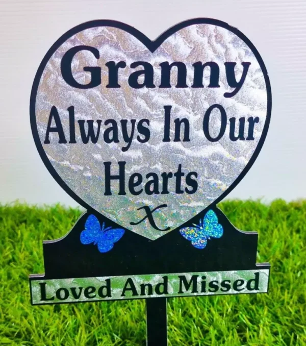 Granny heart-shaped memorial plaque with blue sparkle butterfly