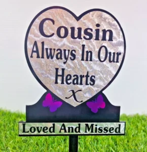 Cousin Heart Shaped Memorial Plaque Tribute Light Refractive Purple Butterflies