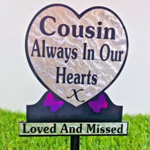 Cousin Heart Shaped Memorial Plaque Tribute Light Refractive Purple Butterflies