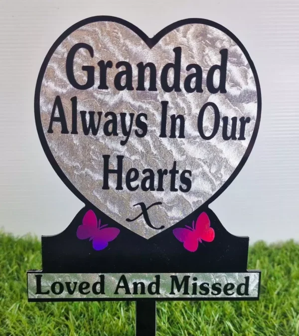 Grandad Heart-Shaped Memorial Plaque for Grave in weather-resistant stone finish