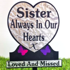 Sister Heart-Shaped Memorial Plaque for Grave with purple butterfly detail