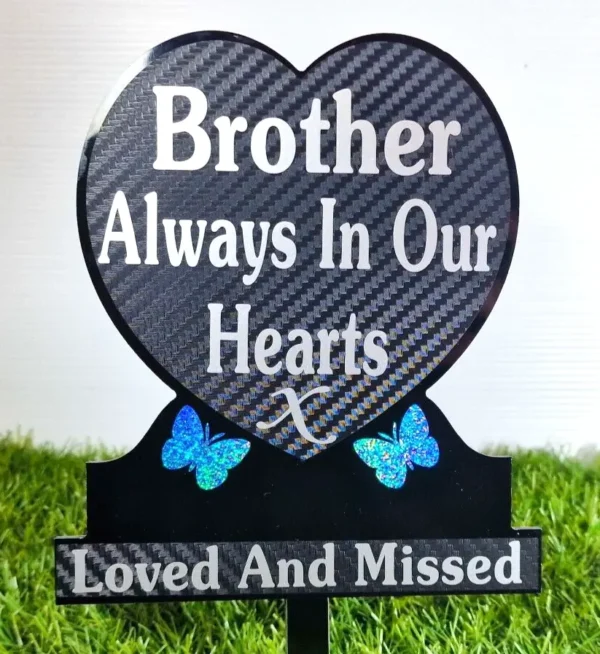 Heart-shaped brother memorial plaque with personalised engraving on grave