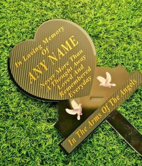Heart Shape Memorial Plaque Temporary Grave Marker with gold lettering on black material