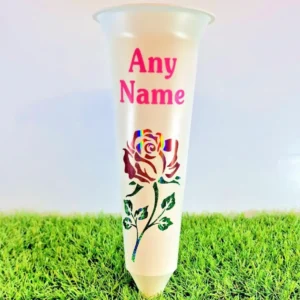 Personalised Memorial Gift Flower Vase, White Plastic Grave Spike with Pink Rose