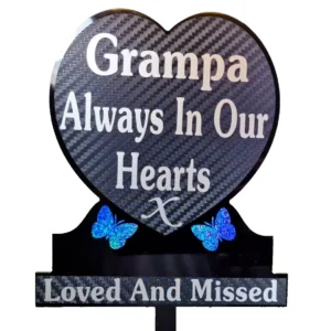 Grampa Heart Shape Memorial Plaque Graveside Decoration Blue Sparkle Butterflies
