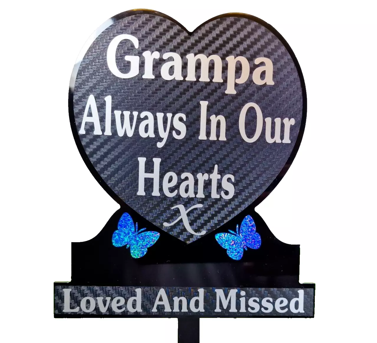 Grampa Heart Shape Memorial Plaque Graveside Decoration Blue Sparkle Butterflies