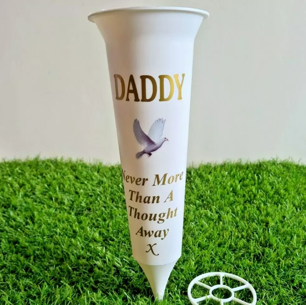 Daddy White Memorial Flower Vase Grave Spike with Dove Graveyard Decoration