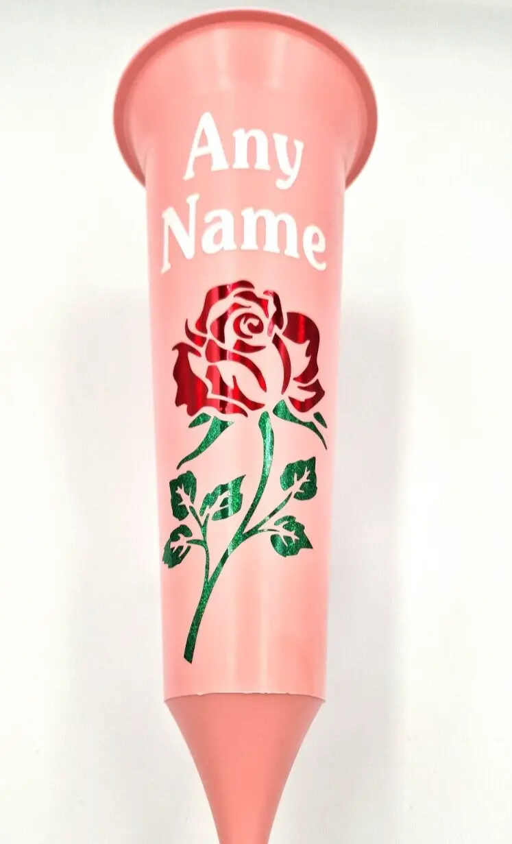 Personalised Memorial Gift Flower Vase, Pink Plastic Grave Spike with Red Rose