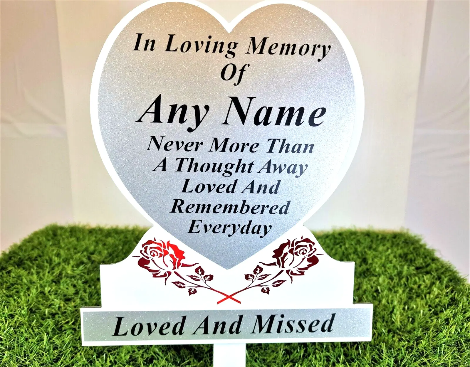 ANY NAME Memorial Plaque Heart Shape Temporary Grave Stone Marker - White