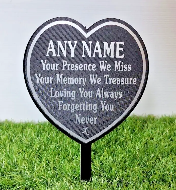 Personalised Memorial Heart Graveside Plaque Garden Tribute, Silver Writing,