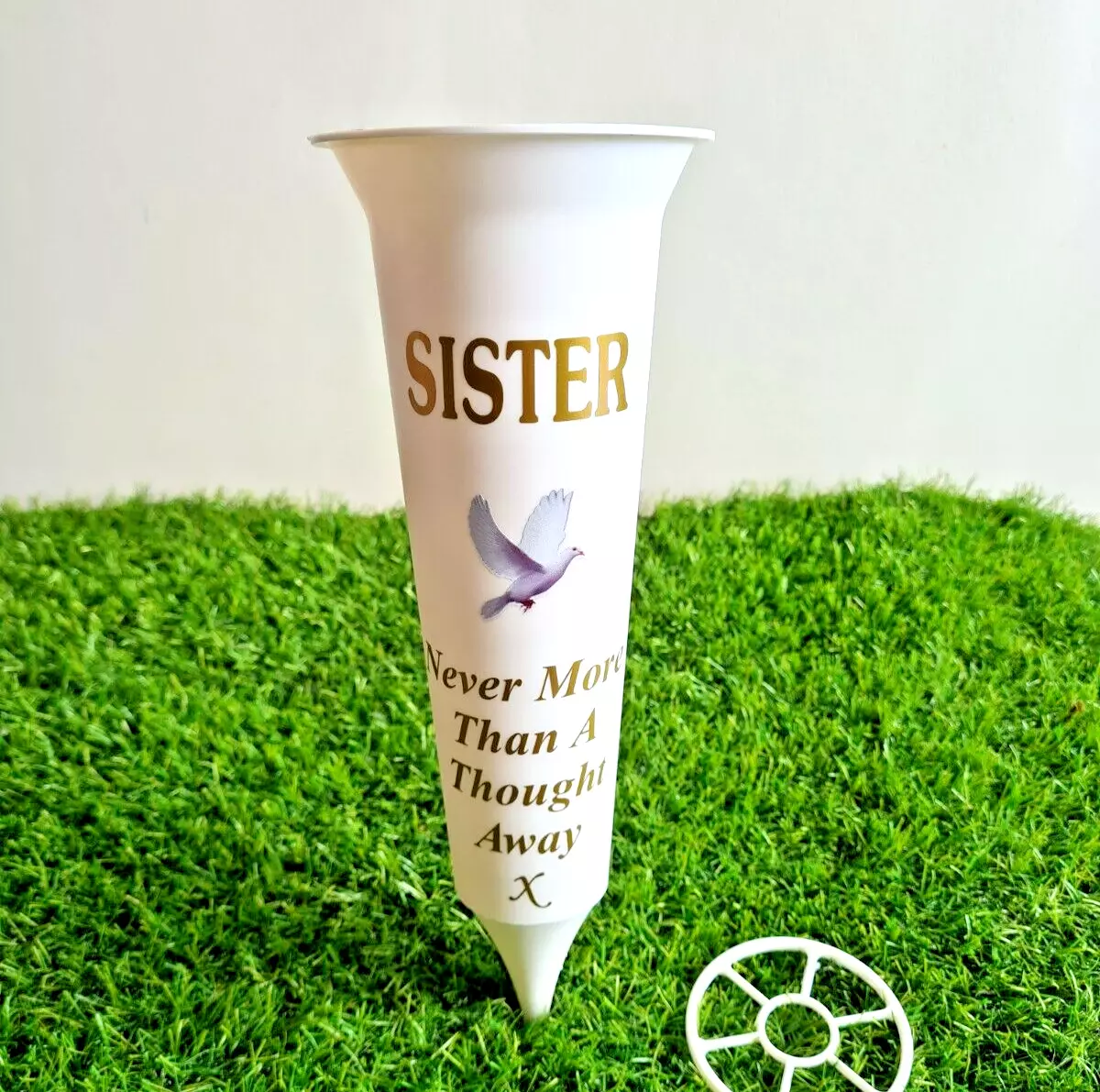 Sister White Memorial Flower Vase Grave Spike with Dove Graveyard Decoration