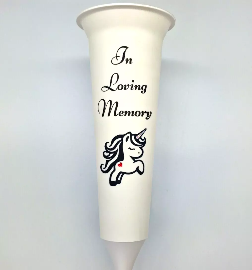 White Graveside Flower Spike Vase In Loving Memory with Cute Unicorn