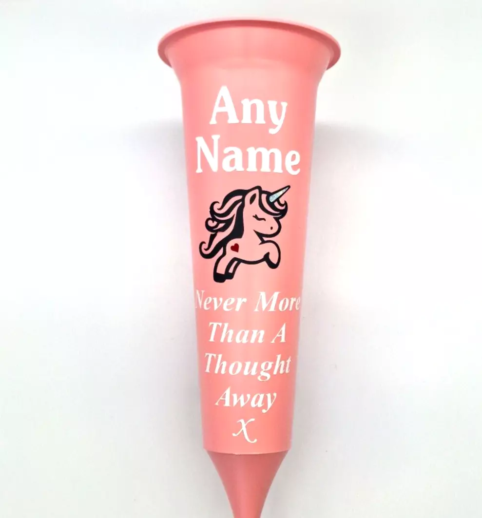 Personalised Pink Graveside Flower Spike Vase In Loving Memory with Cute Unicorn