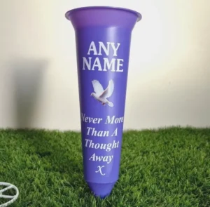 ANY NAME Purple Memorial Flower Vase White Dove Grave Spike White Writing