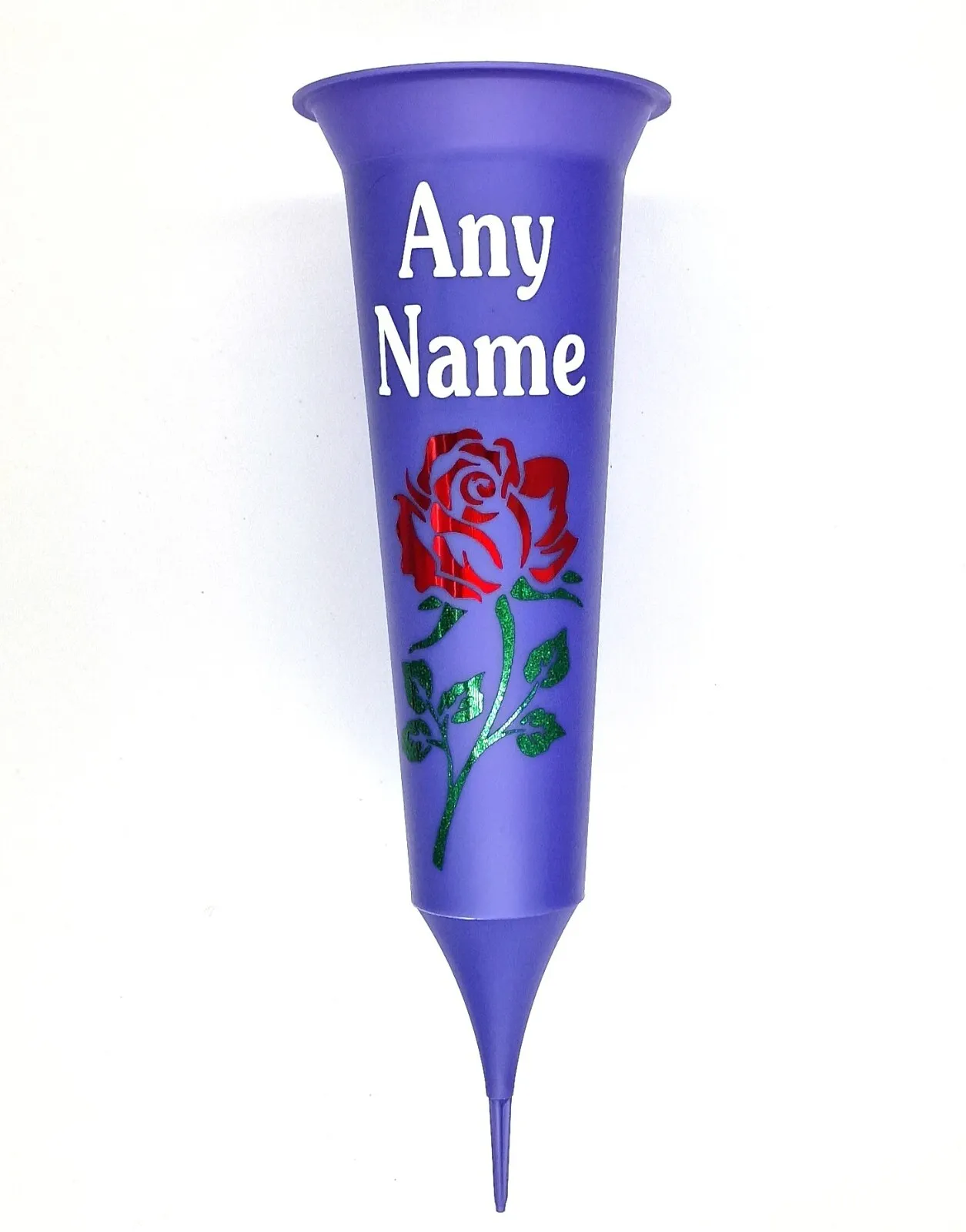 Personalised Purple Memorial Gift Flower Vase Plastic Grave Spike with Red Rose