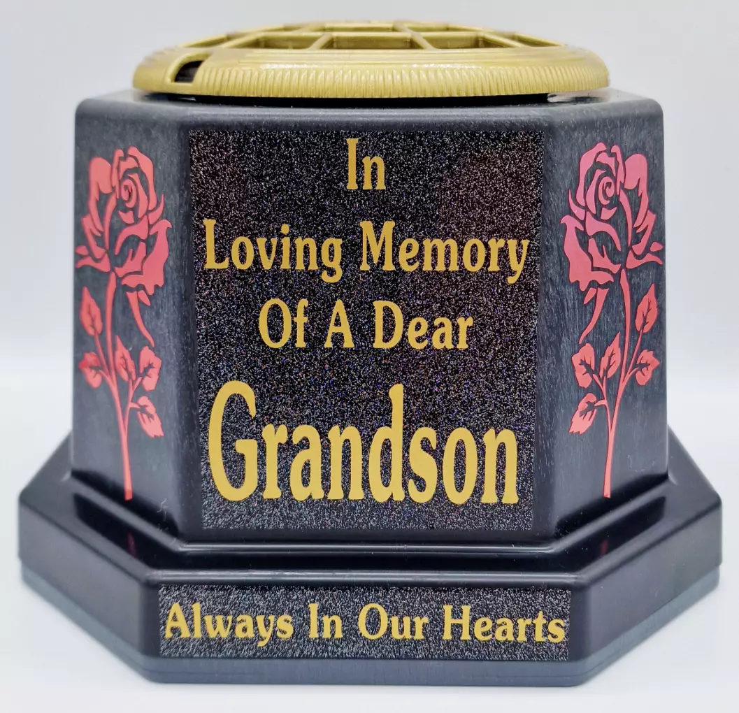 Grandson Grave Flower Vase Pot Memorial Gift Tribute Gold Writing Roses