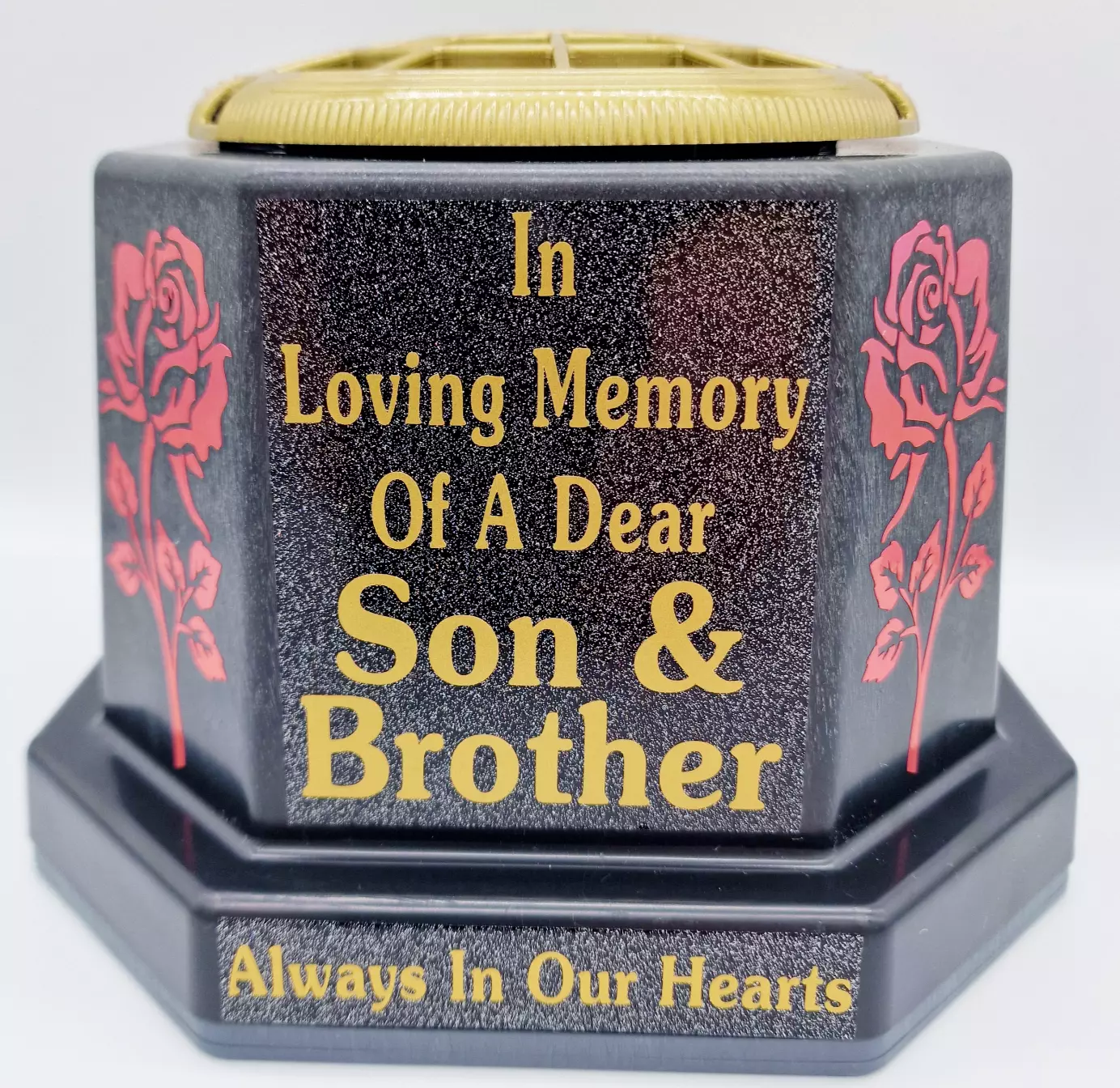 Son Brother Grave Flower Vase Pot Memorial Gift Tribute Gold Writing Roses