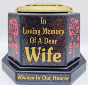 Wife Graveside Flower Pot Memorial Gift Gold  Writing with Roses Weighted Base