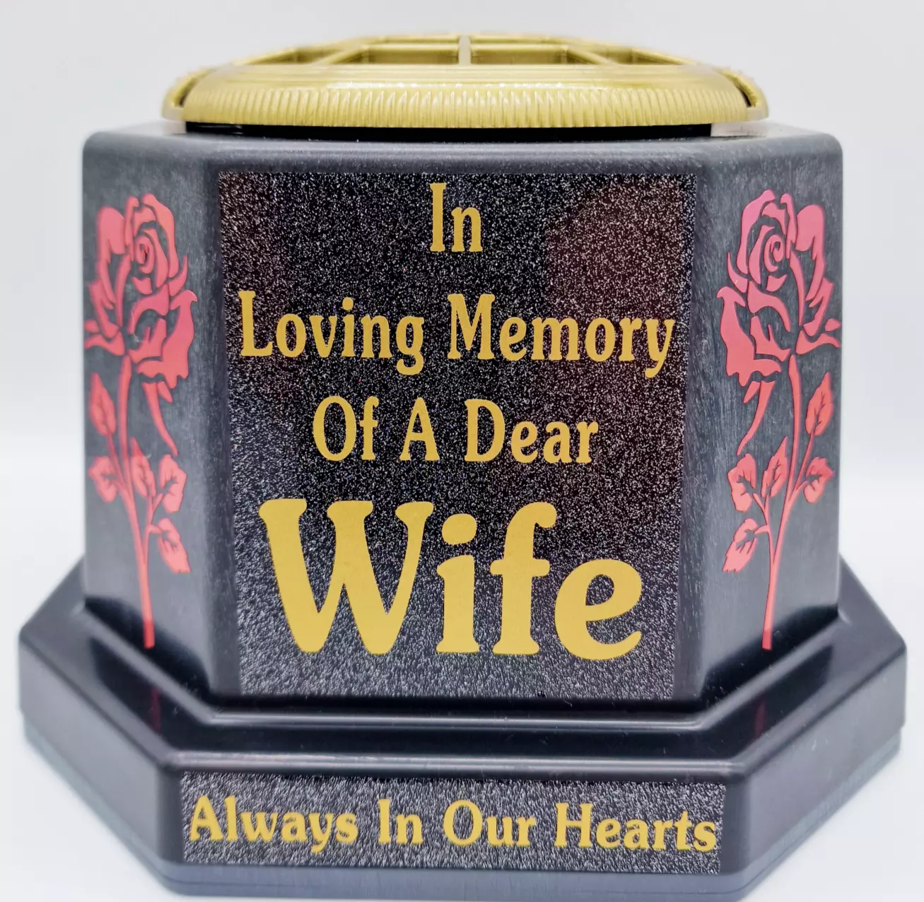 Wife Graveside Flower Pot Memorial Gift Gold Writing with Roses Weighted Base