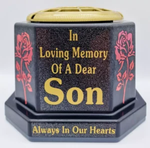 Son Graveside Flower Vase Pot Memorial Gift Tribute Gold Writing with Roses