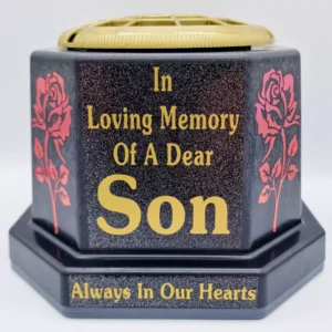 Son Graveside Flower Vase Pot Memorial Gift Tribute Gold Writing with Roses