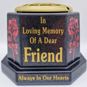 Grave Flower Pot In Loving Memory Of A Dear Friend Gold Lid with Rose Decals