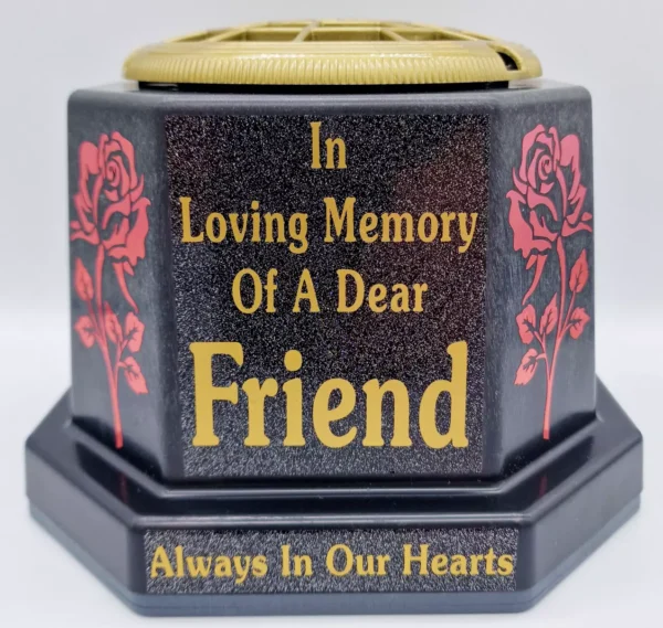 Grave Flower Pot In Loving Memory Of A Dear Friend Gold Lid with Rose Decals