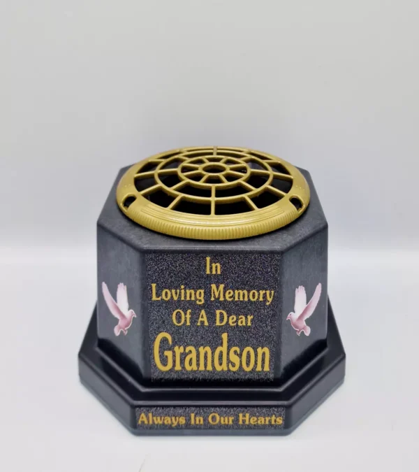 Grandson Graveside Flower Pot Vase Memorial Gift Gold Writing with Doves