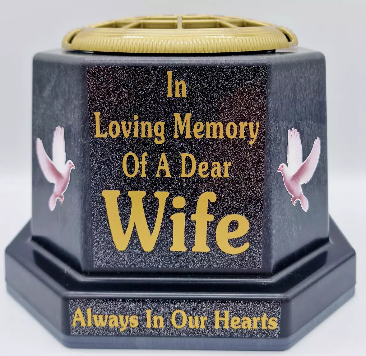 Wife Graveside Flower Pot Memorial Gift Gold Writing with Doves