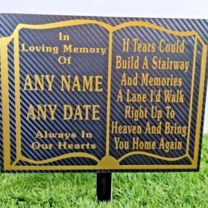 Personalised prayer book style memorial plaque with engraved name and dates