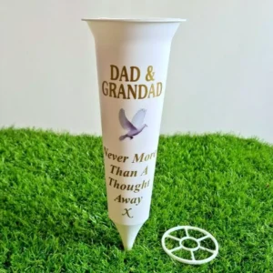 White Dad & Grandad Memorial Flower Vase for Grave securely installed on a UK cemetery grave