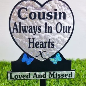 Cousin Heart Shaped Memorial Plaque with blue sparkle butterfly