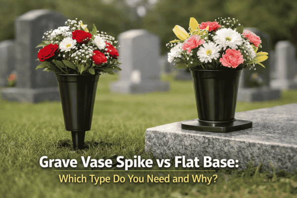 grave vase spike vs flat base comparison on UK cemetery grass and headstone ledge