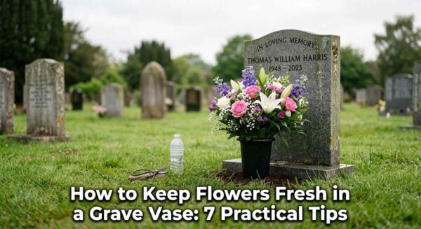 Fresh white lilies in a granite flower vase for grave in a UK cemetery, kept upright in soaked floral foam