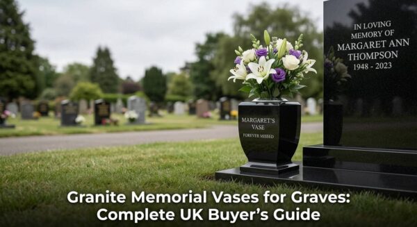 Polished black granite memorial vase for a grave beside a UK headstone, engraved with gold infill lettering